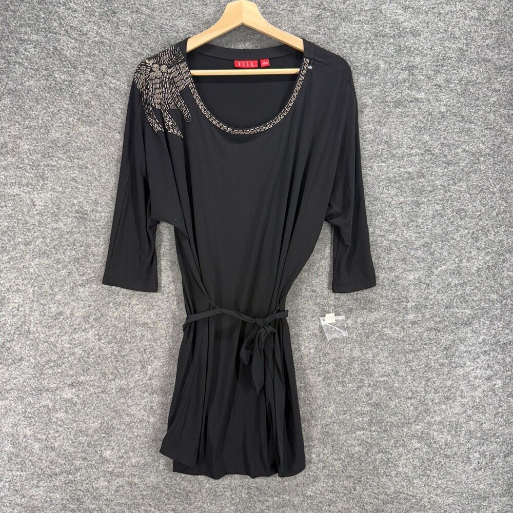 New Elle Tunic Top Women L Large Black Rhinestone Belted 3/4 Sleeve Casual